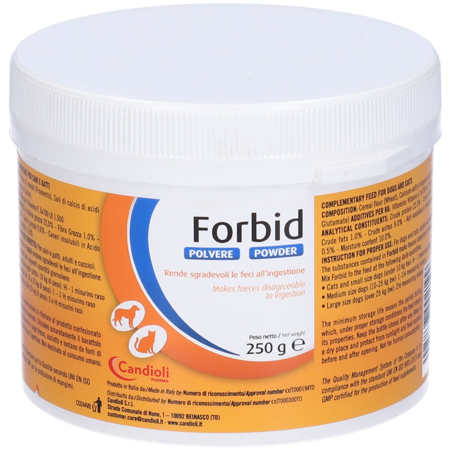Contenitore bianco con coperchio. Scritta "Forbid Polvere Powder" e informazioni prodotto. 250 g.