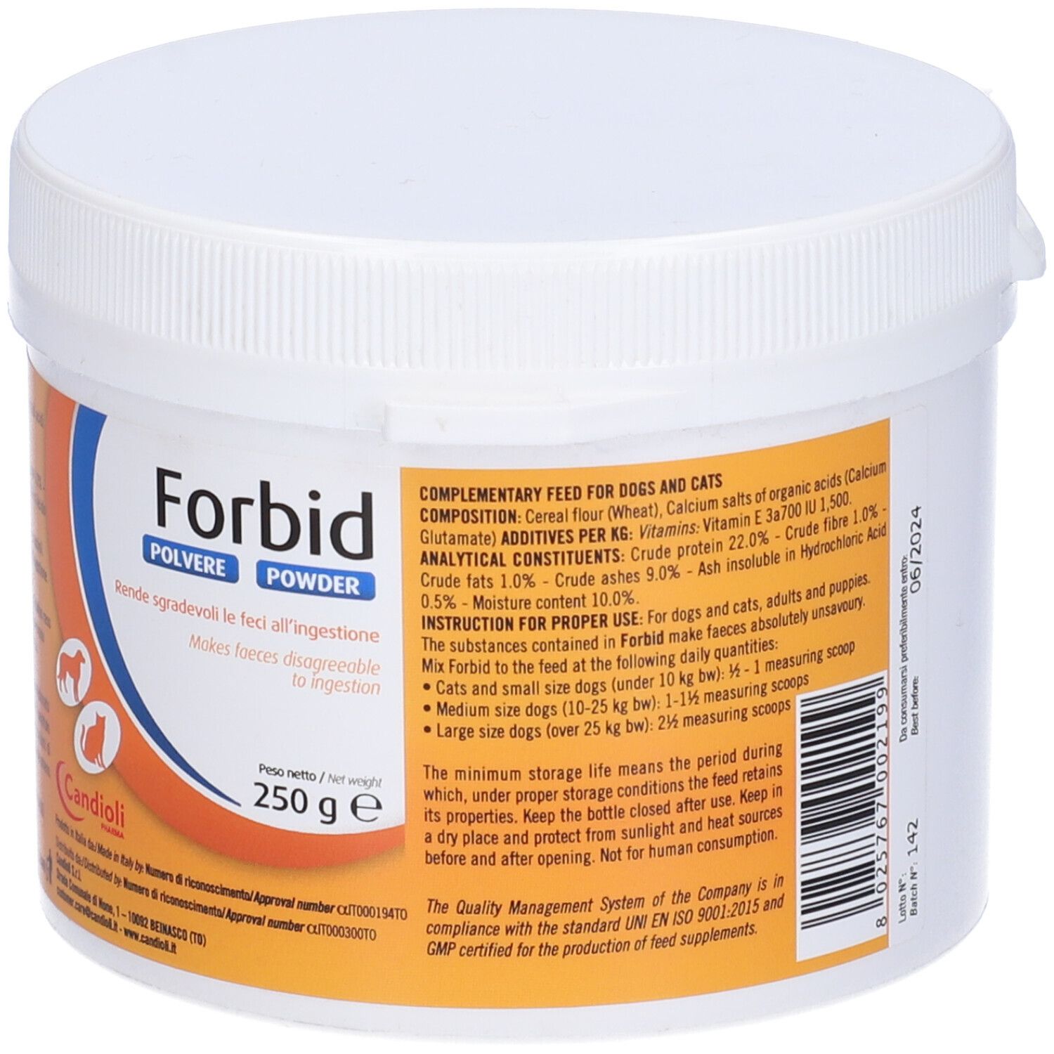 Contenitore bianco con coperchio. Scritta "Forbid Polvere Powder" e informazioni prodotto. 250 g. Scadenza.