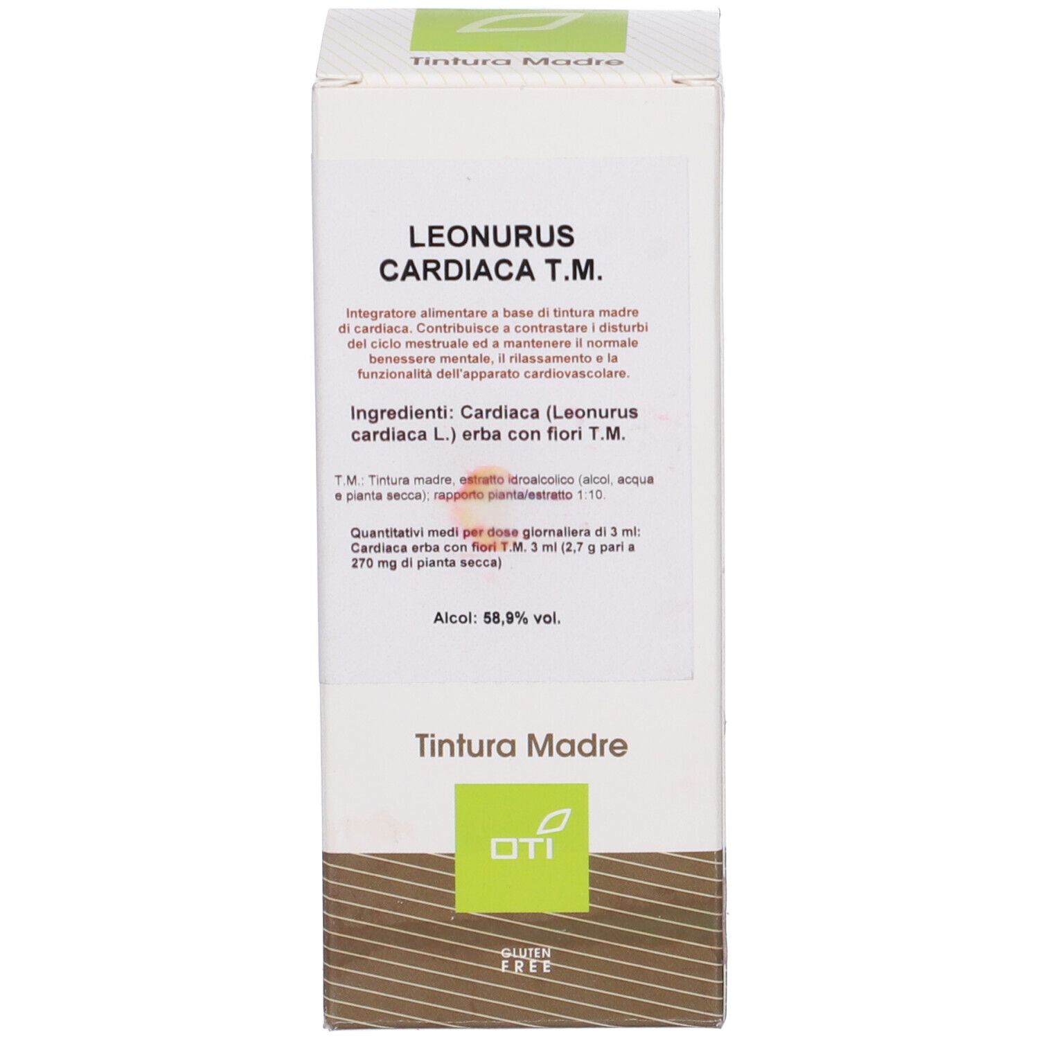 Scatola bianca con informazioni sul prodotto. Scritta: Leonurus Cardiaca T.M. e logo.