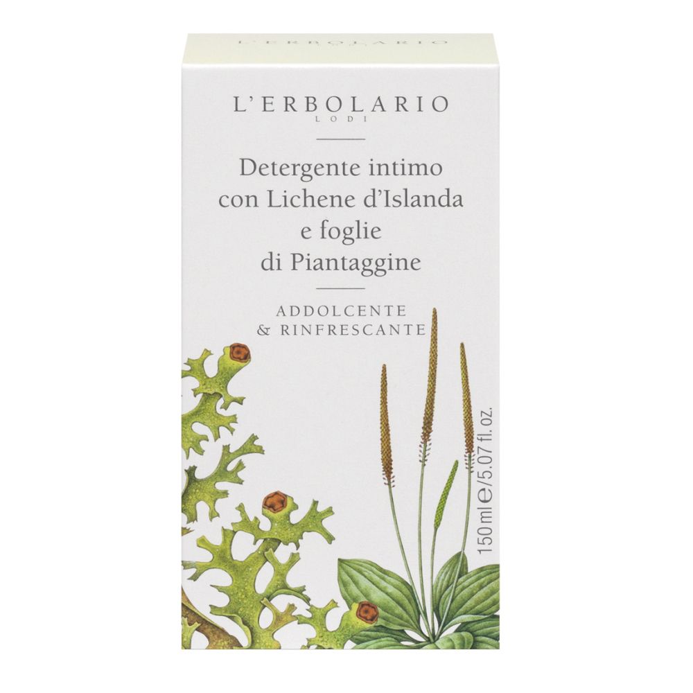 Confezione con nome del prodotto e illustrazioni di piante. Testo: Detergente intimo.