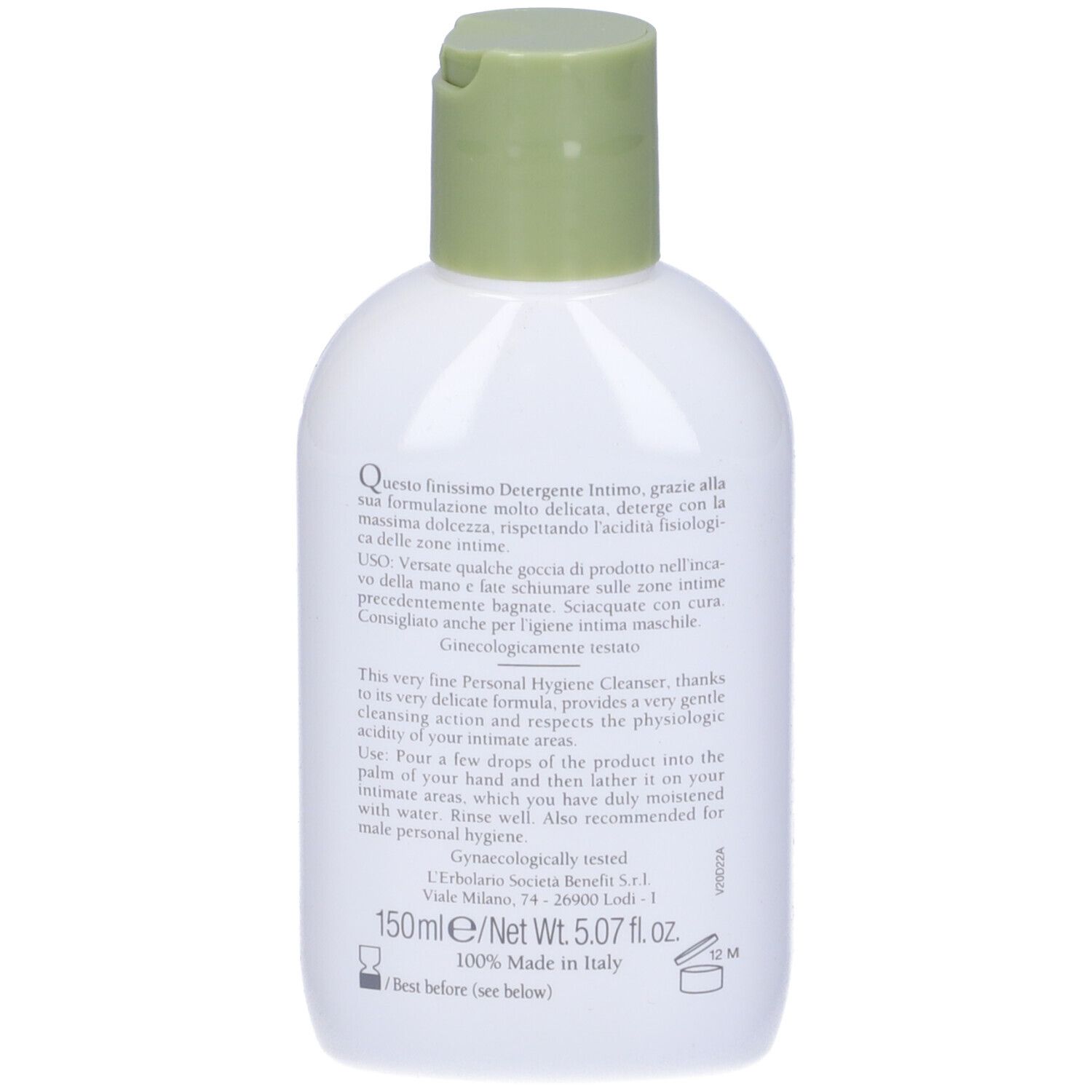 Flacone bianco con tappo verde. Retro con testo. Detergente intimo.