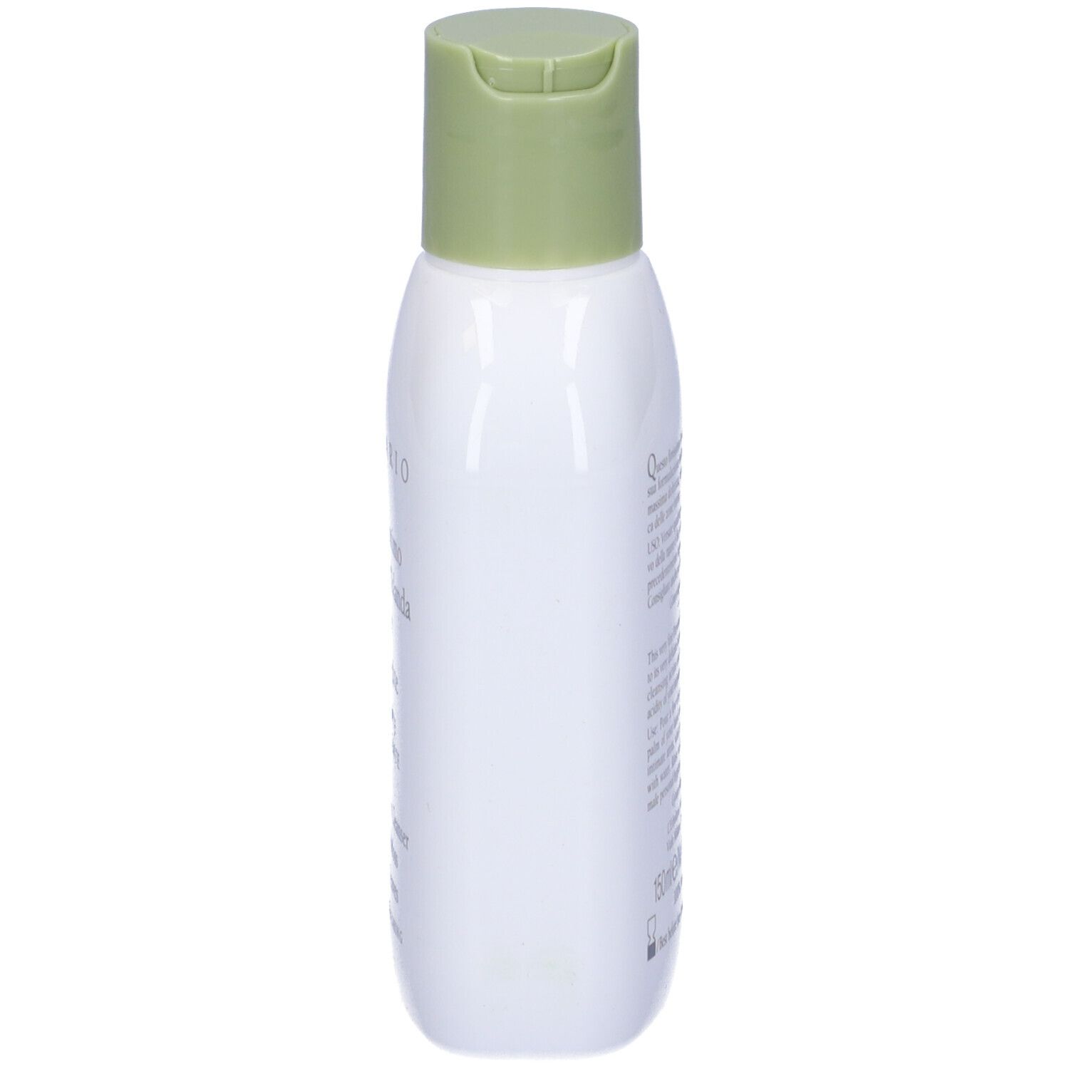 Flacone bianco con tappo verde. Vista laterale. Testo illeggibile.