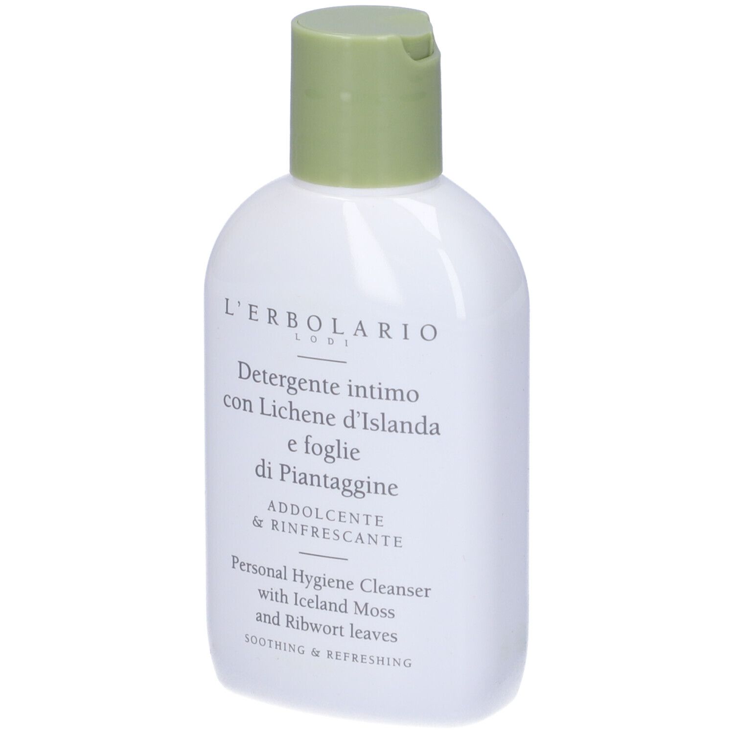 Flacone bianco con tappo verde. Vista frontale. Nome del prodotto e testo.