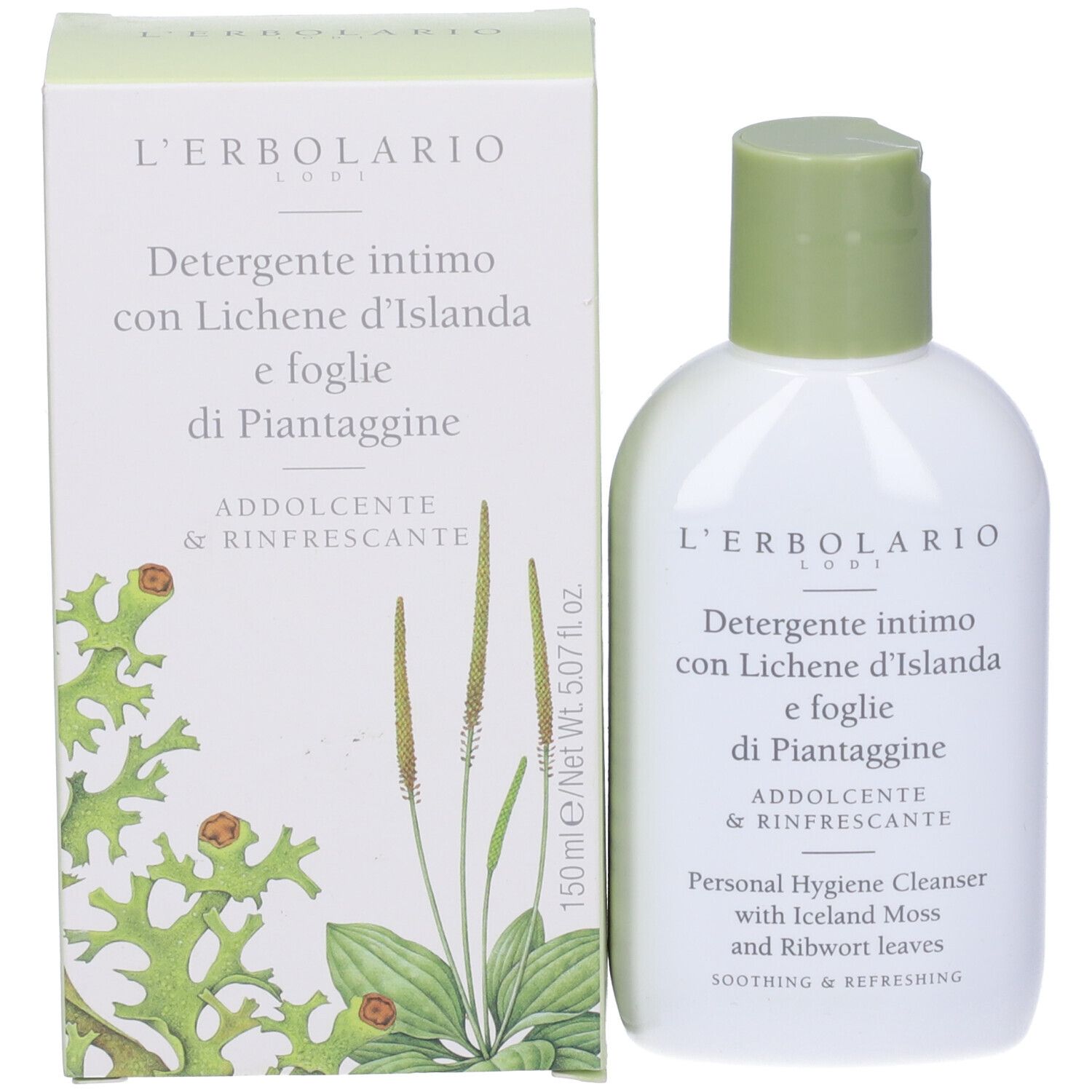 Flacone e confezione. Nome del prodotto e testo. Detergente intimo.