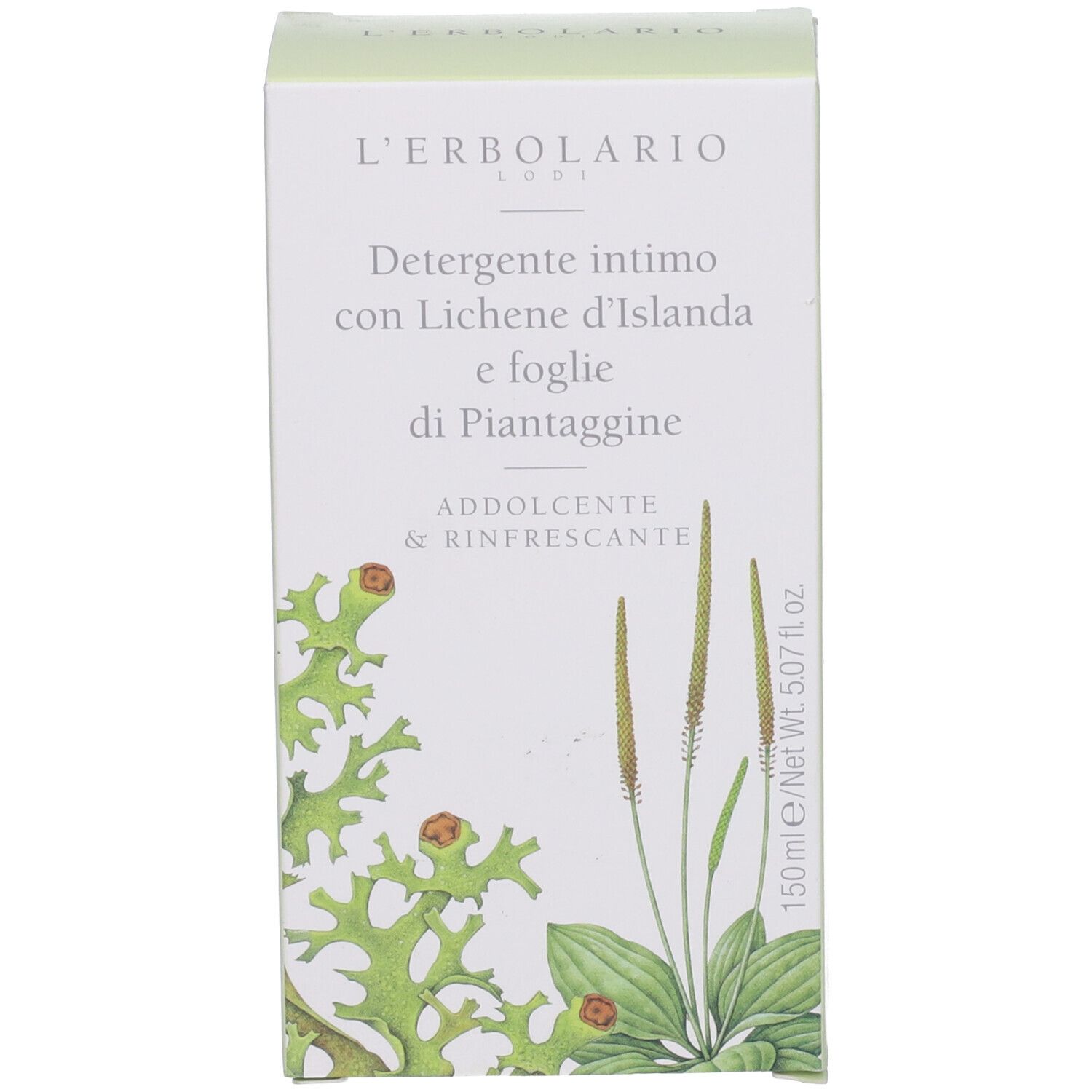 Confezione con nome del prodotto e illustrazioni di piante. Testo: Detergente intimo.