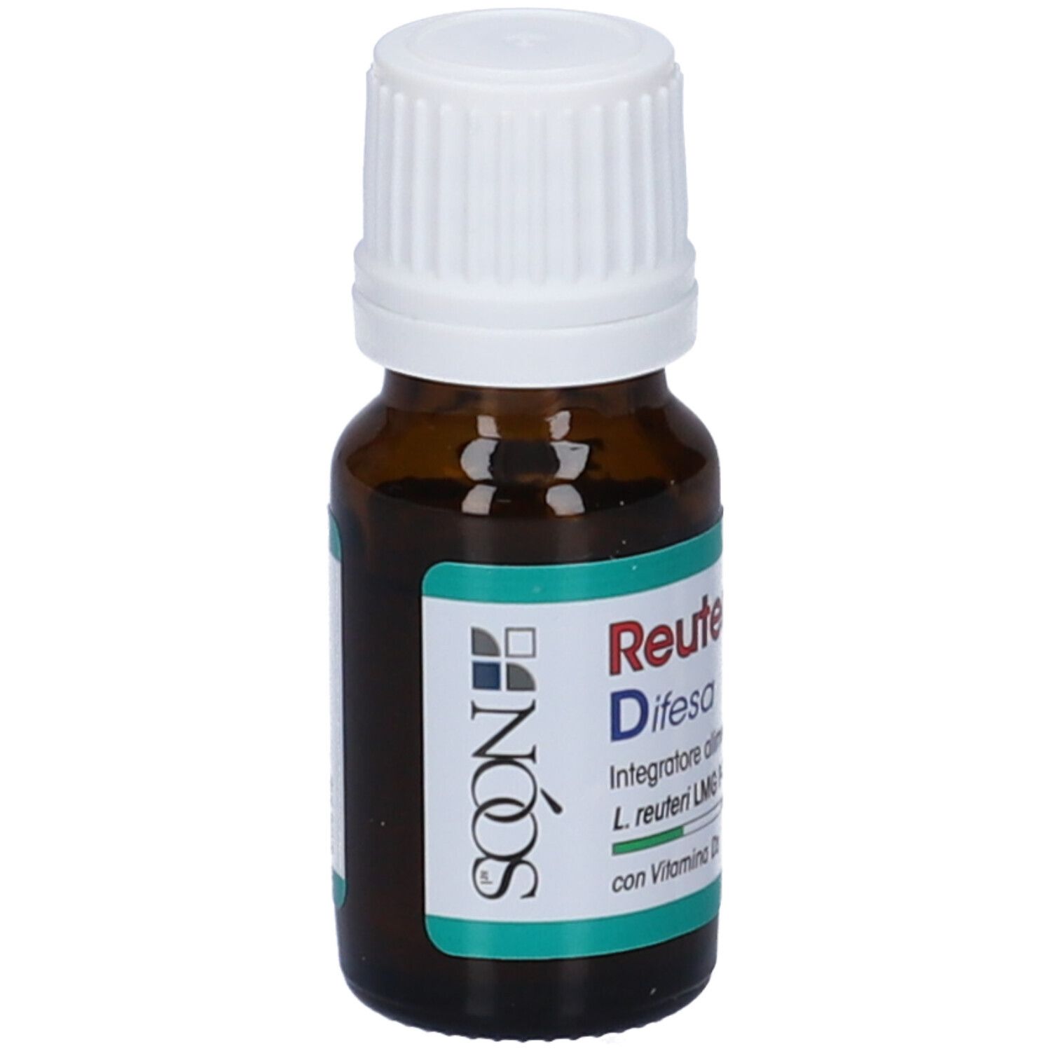 Flacone di vetro marrone con tappo a vite bianco. Etichetta con nome del prodotto, ingredienti e vitamina D3. Flacone in piedi.