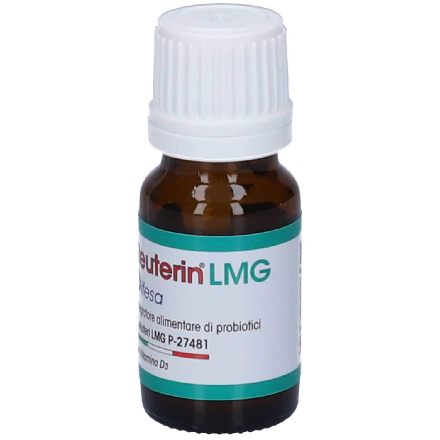 Flacone di vetro marrone con tappo a vite bianco. Etichetta con nome del prodotto, ingredienti e vitamina D3. Flacone in piedi.