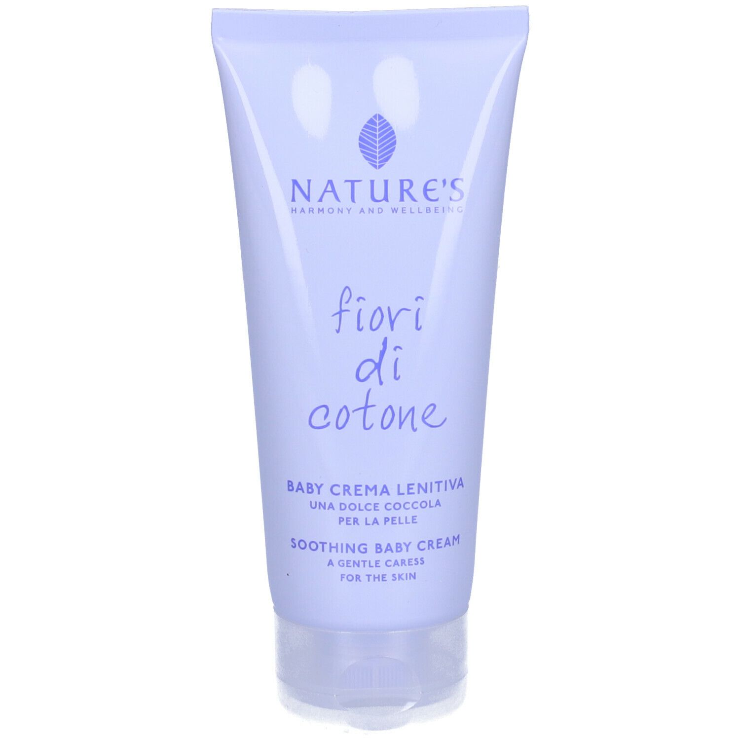 Tubo NATURE'S Fiori Di Cotone Baby Crema Lenitiva. Tubo lilla chiaro, tappo bianco. Testo: fiori di cotone, Baby Crema Lenitiva.