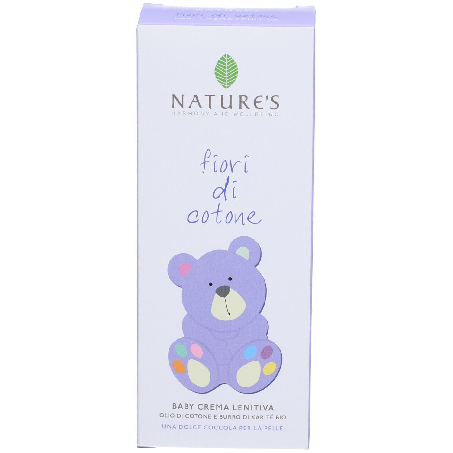 Fronte della scatola NATURE'S Fiori Di Cotone Baby Crema Lenitiva. Illustrazione orsetto. Testo: fiori di cotone, Baby Crema Lenitiva.