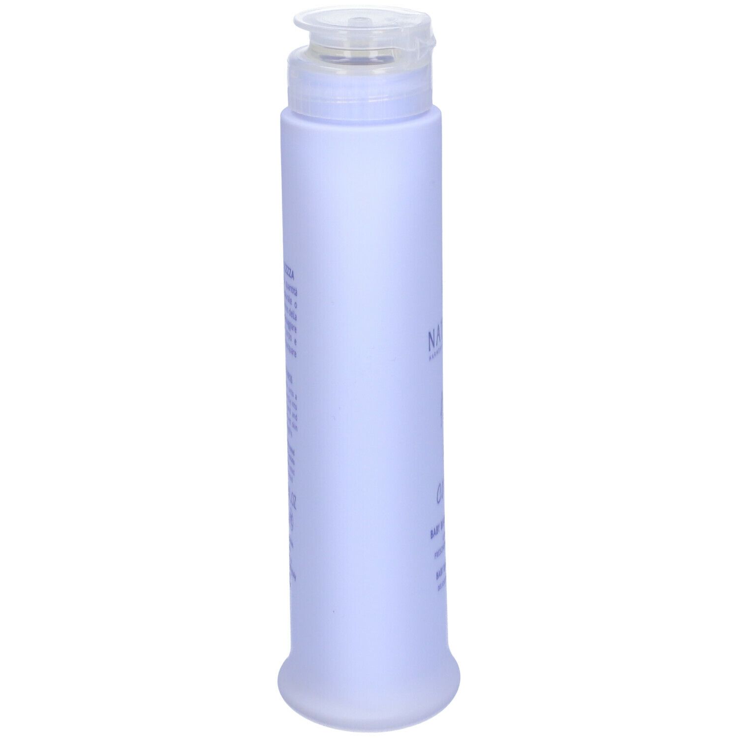 Flacone lilla chiaro con dosatore a pompa. Retro con testo. NATURE'S, fiori di cotone, Baby Bagno Shampoo.
