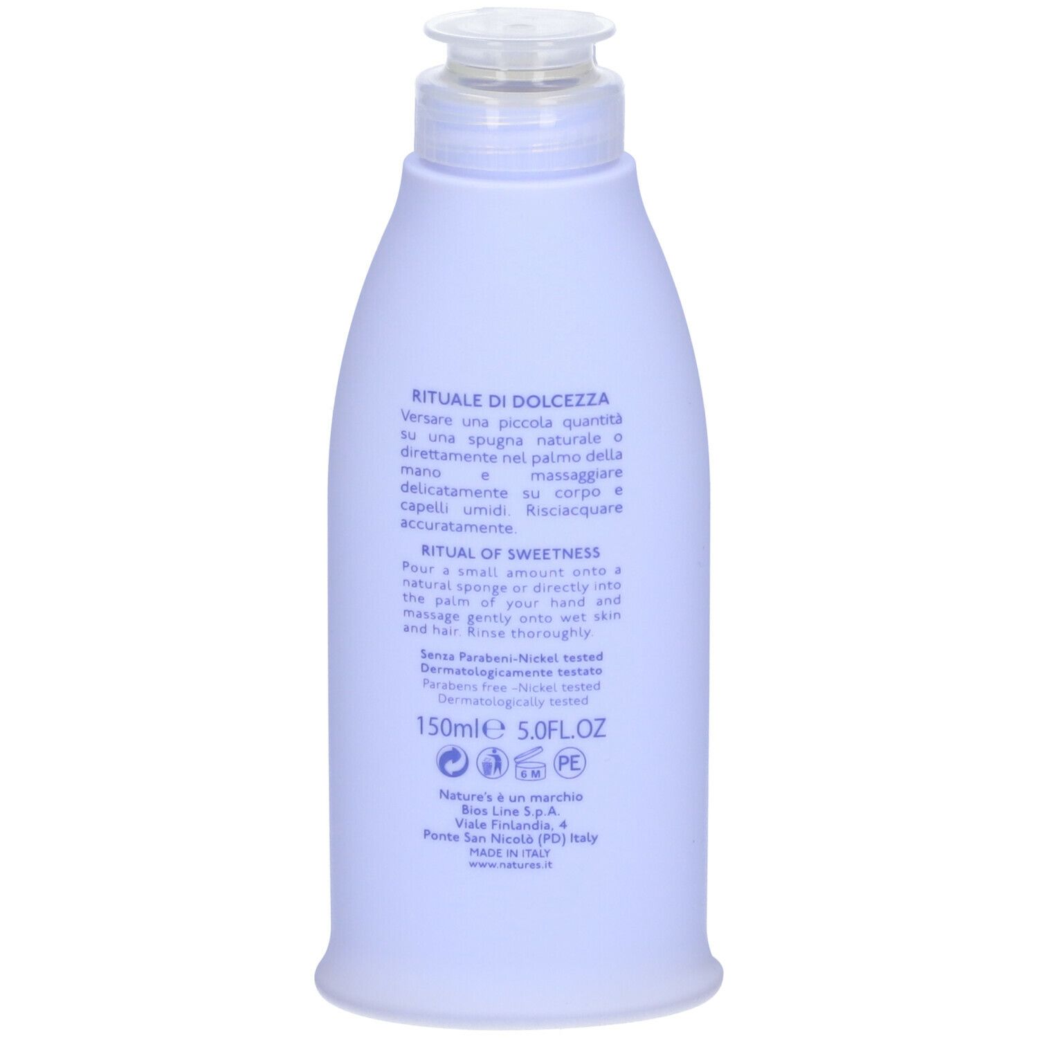 Retro di un flacone lilla chiaro con testo. NATURE'S, fiori di cotone, Baby Bagno Shampoo. 150ml.