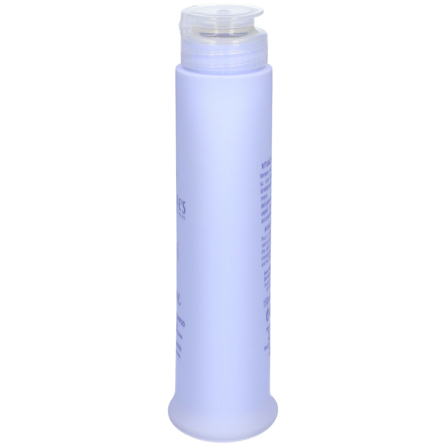 Flacone lilla chiaro con dosatore a pompa. Retro con testo. NATURE'S, fiori di cotone, Baby Bagno Shampoo.
