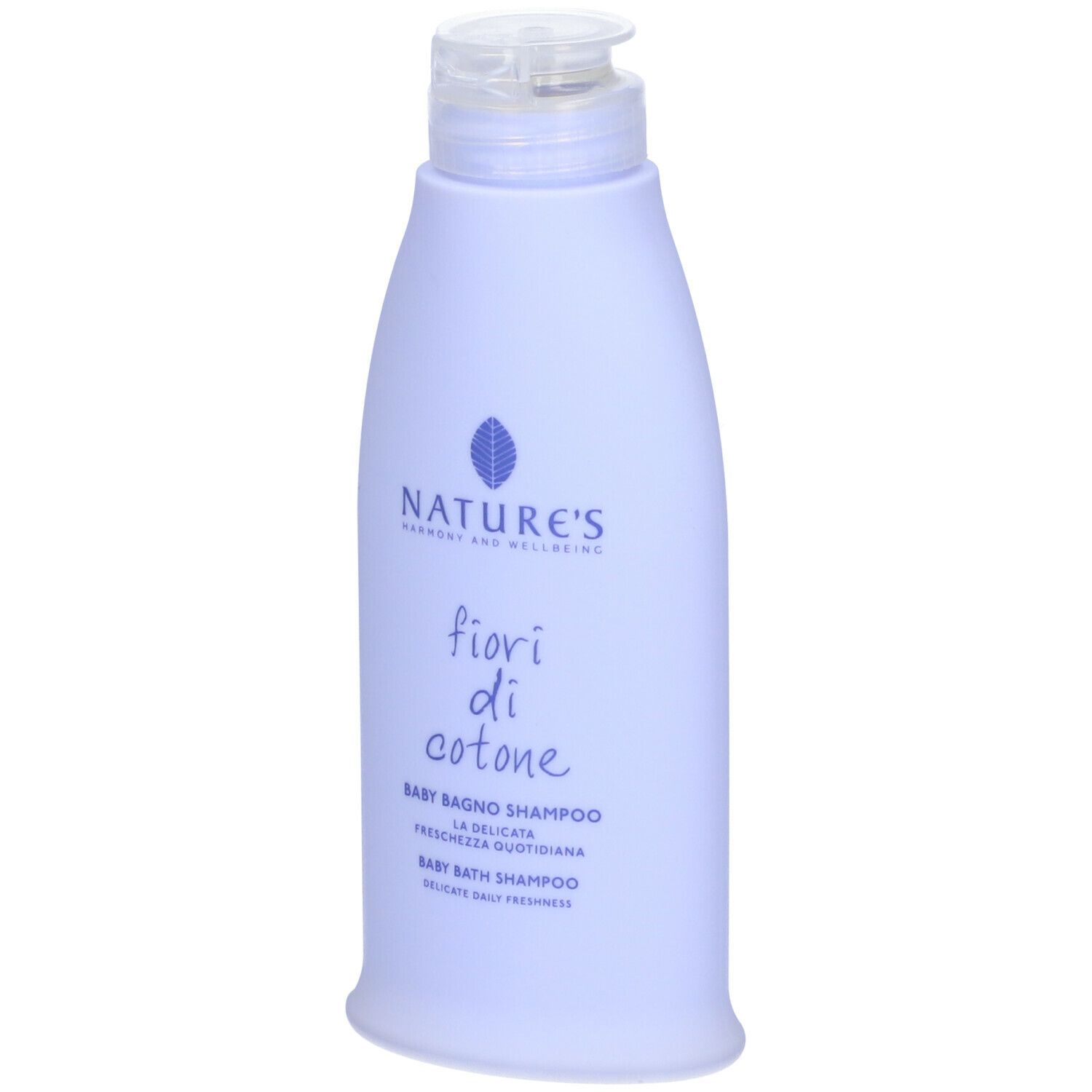 Flacone lilla chiaro con dosatore a pompa. Scritta: NATURE'S, fiori di cotone, Baby Bagno Shampoo.