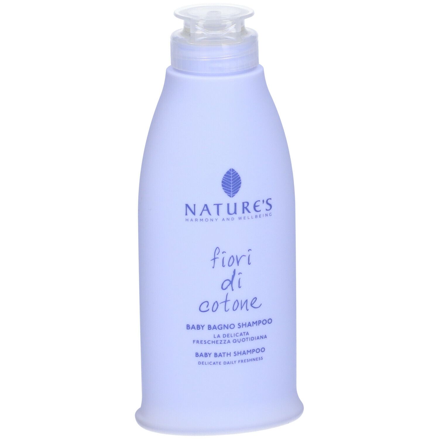 Flacone lilla chiaro con dosatore a pompa. Scritta: NATURE'S, fiori di cotone, Baby Bagno Shampoo.