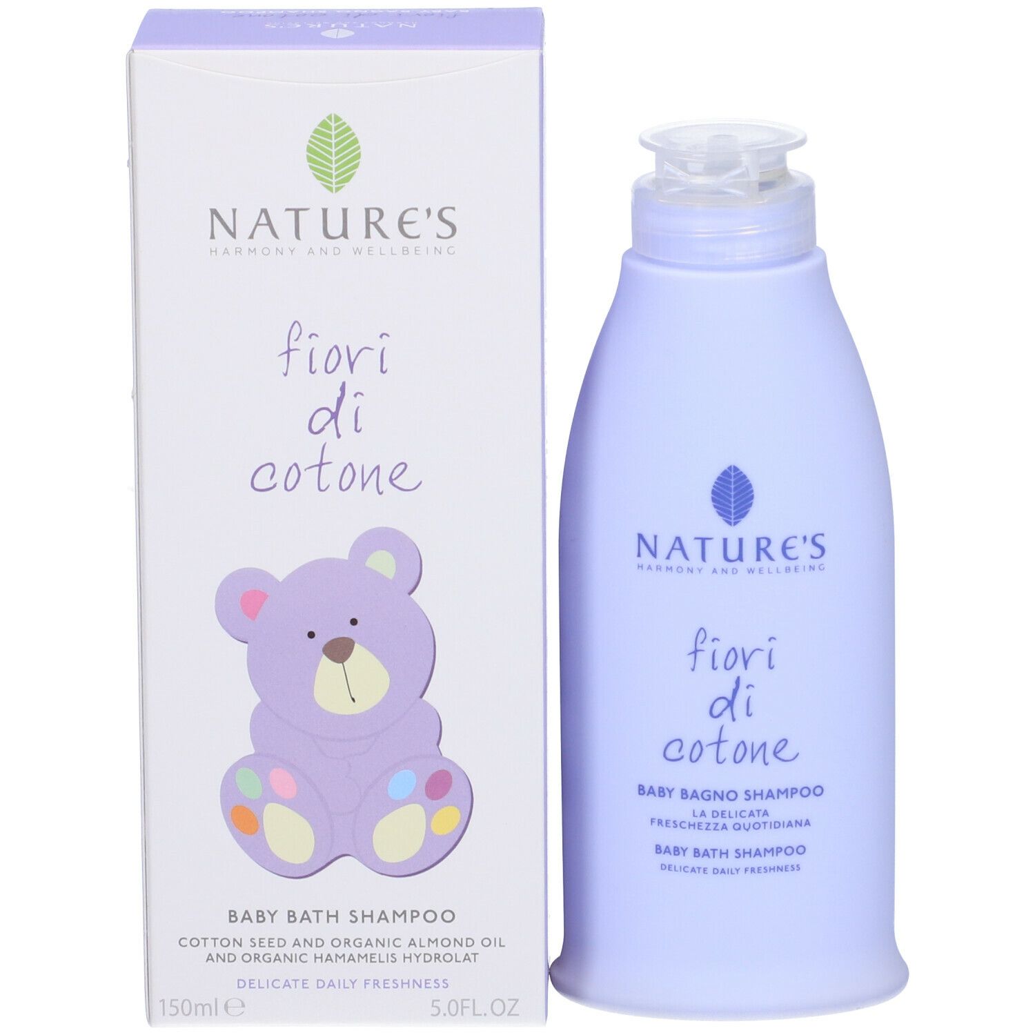 Confezione del prodotto con flacone e scatola. Scritta: NATURE'S, fiori di cotone, Baby Bagno Shampoo. 150ml.