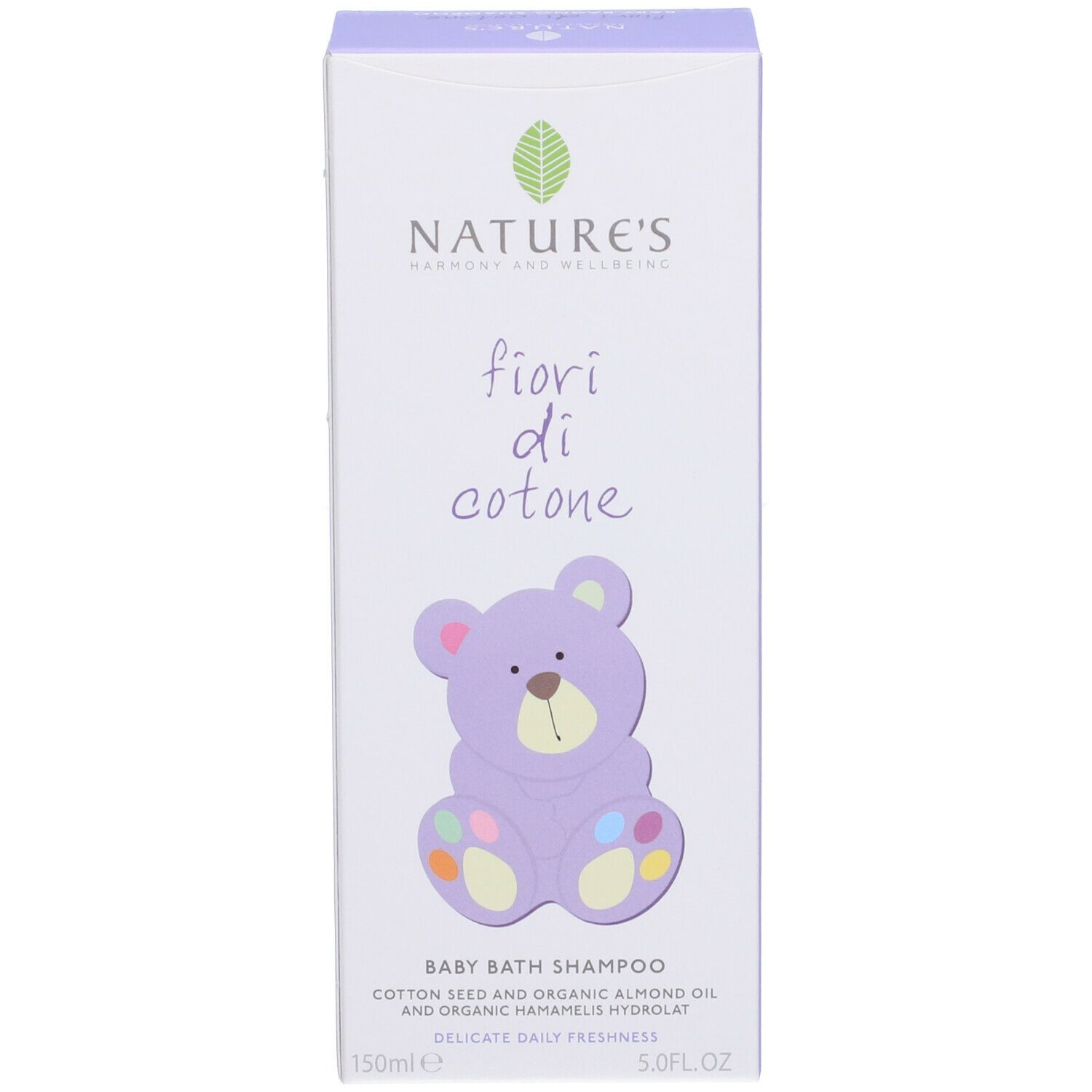 Confezione del prodotto. Scritta: NATURE'S, fiori di cotone, Baby Bagno Shampoo. 150ml. Immagine di un orsacchiotto.