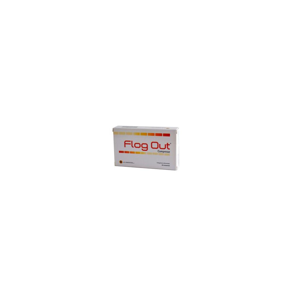 Scatola con scritta Flog Out Compresse. Sfumatura giallo-rossa. Contiene 20 compresse.