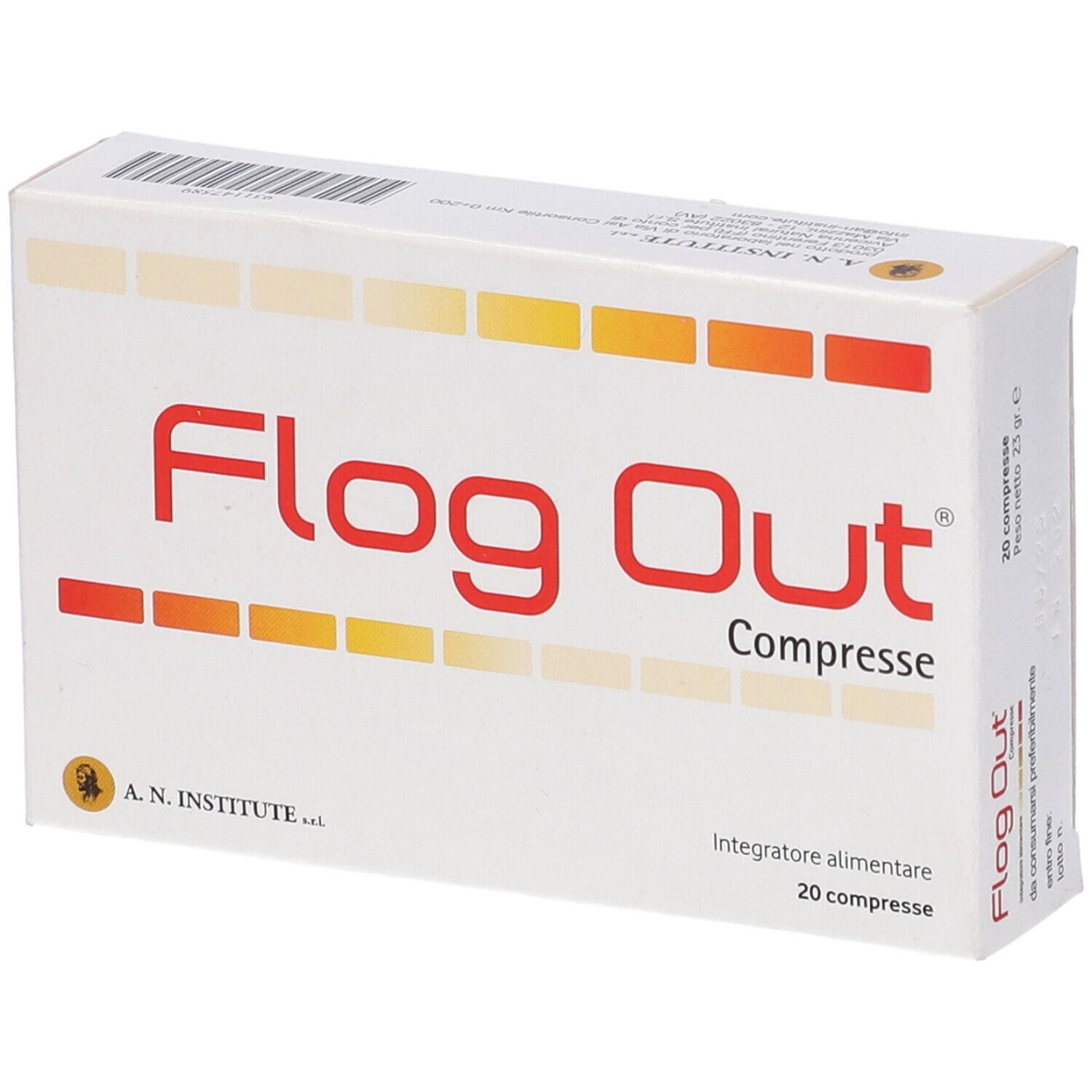 Scatola bianca con scritta rossa Flog Out Compresse. 20 compresse. Logo A.N. Institute.