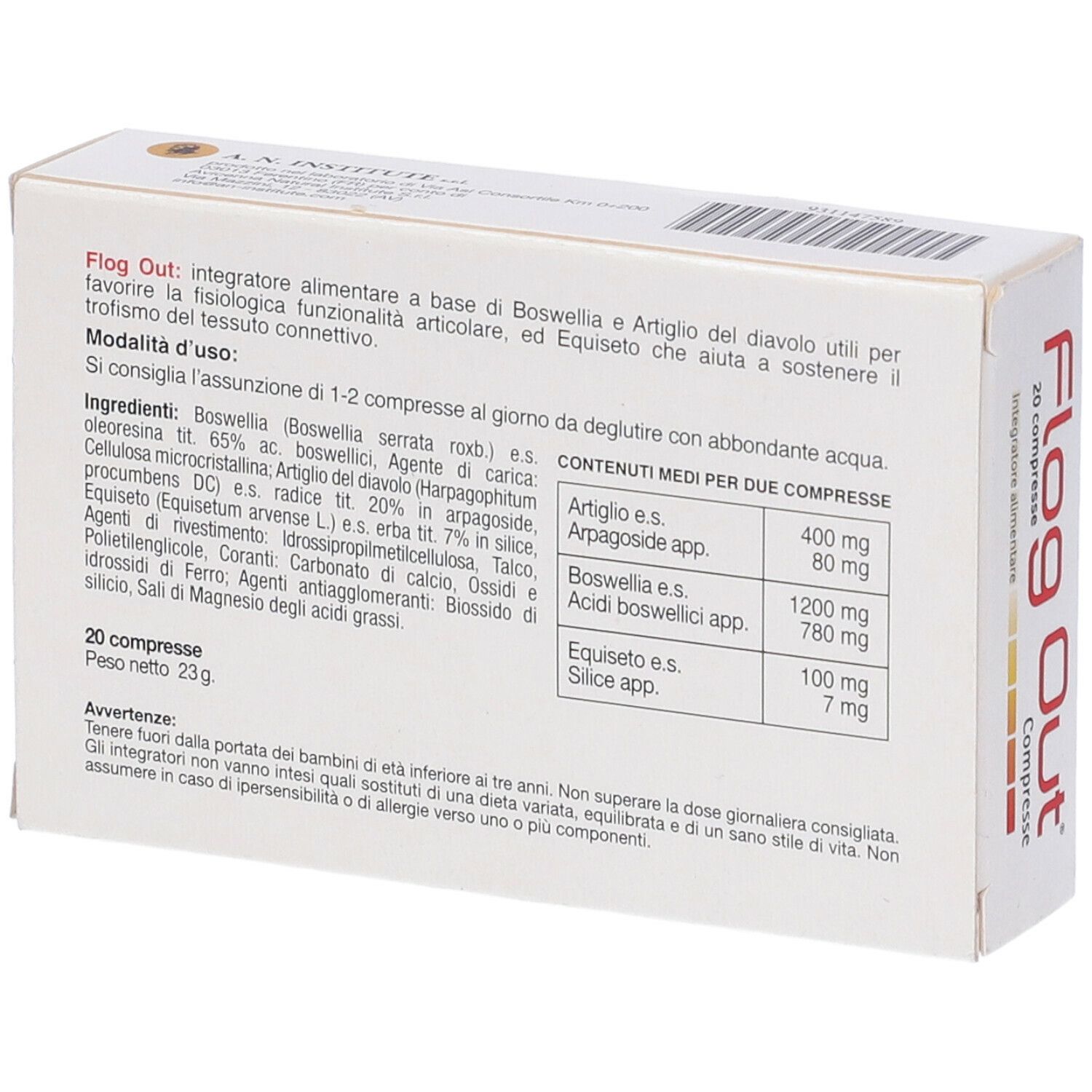 Retro della scatola con ingredienti e istruzioni. Testo: Flog Out Compresse. 20 compresse.