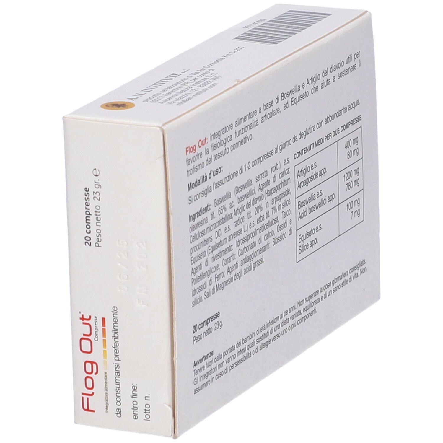 Scatola obliqua, retro con testo. Testo: Flog Out Compresse. 20 compresse. Peso 23 g.