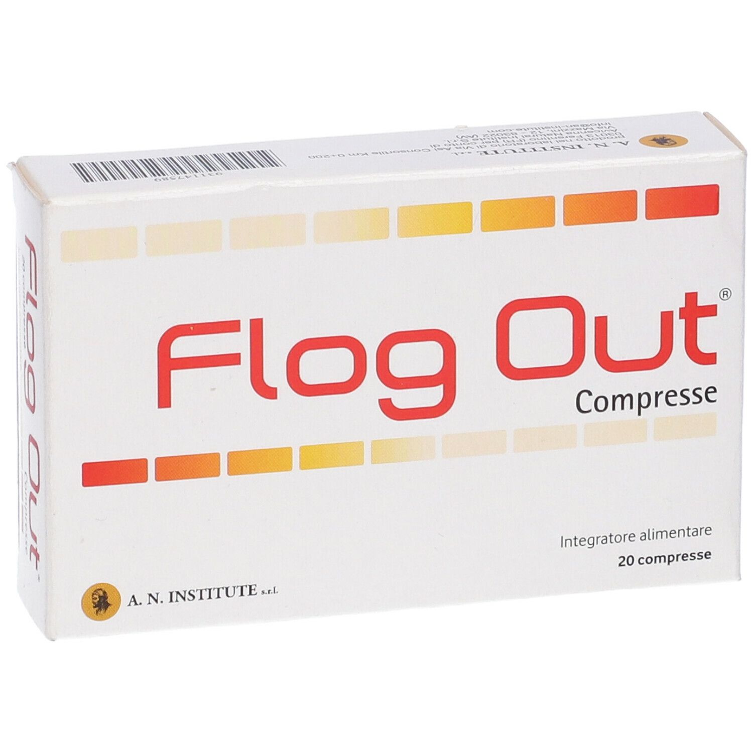 Scatola bianca con scritta rossa Flog Out Compresse. 20 compresse. Logo A.N. Institute.