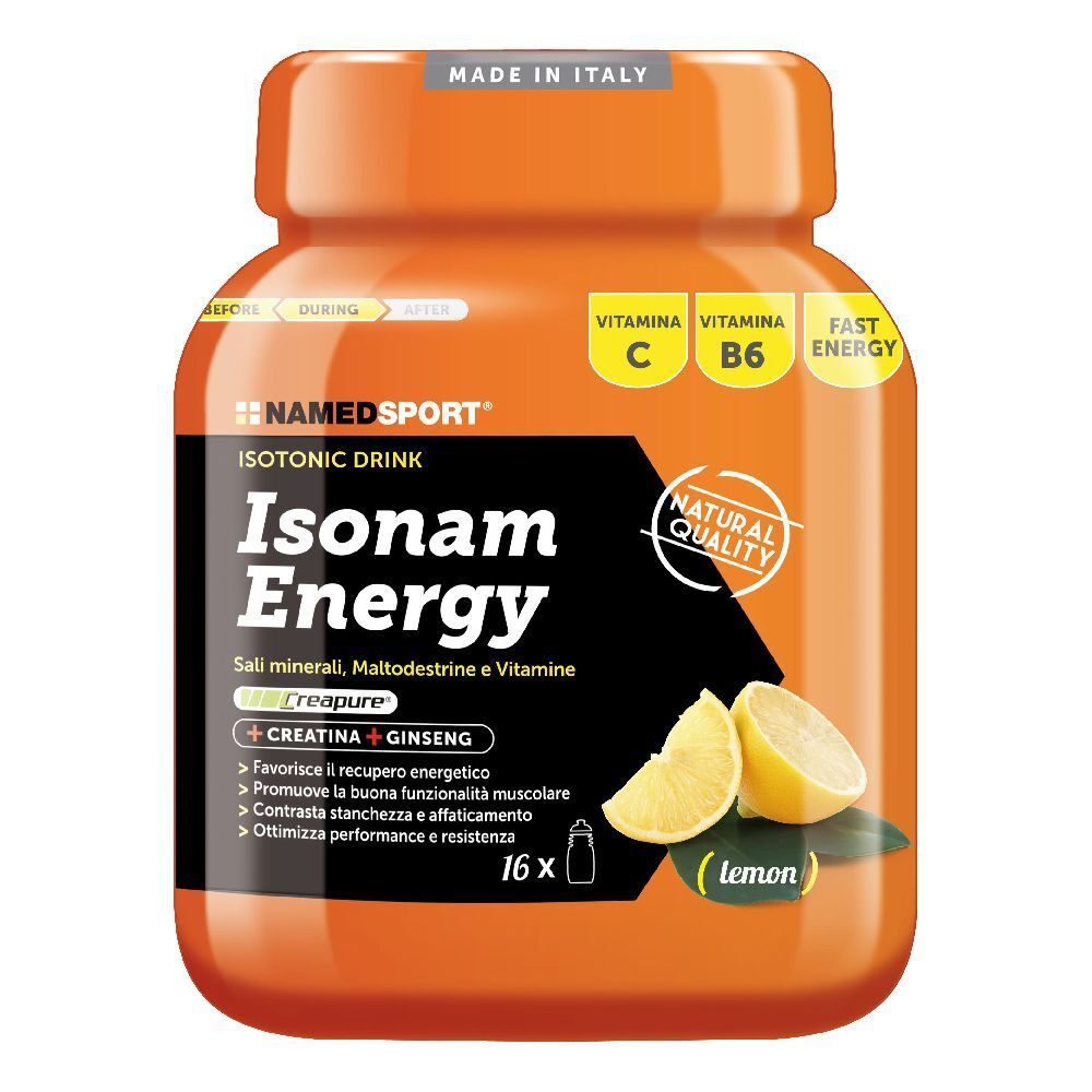 Barattolo arancione NAMEDSPORT® Isonam Energy Lemon. Bevanda isotonica con vitamine e minerali. Immagine di limoni.