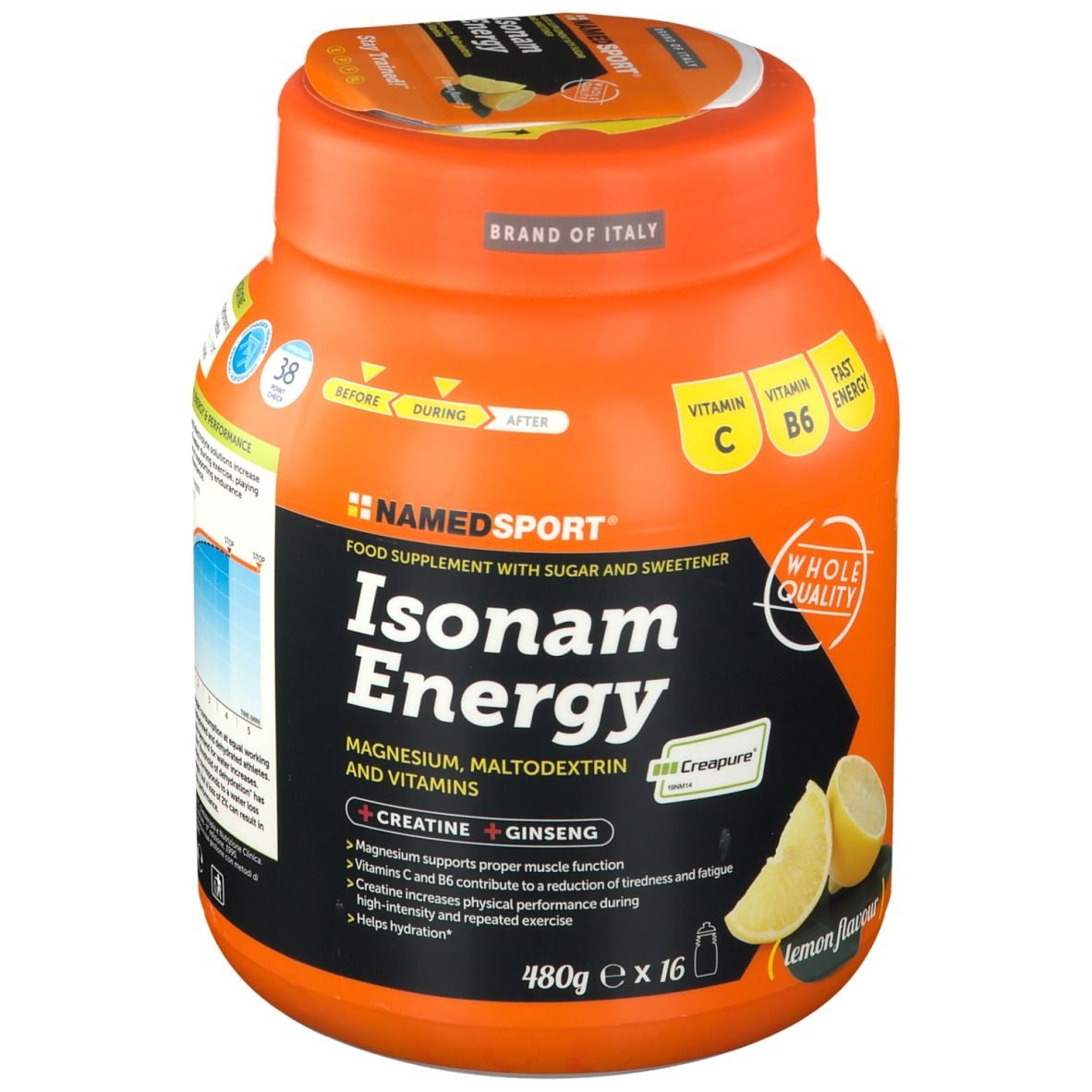 Barattolo arancione NAMEDSPORT® Isonam Energy Lemon. Integratore alimentare con zucchero e dolcificante. 480g x 16.