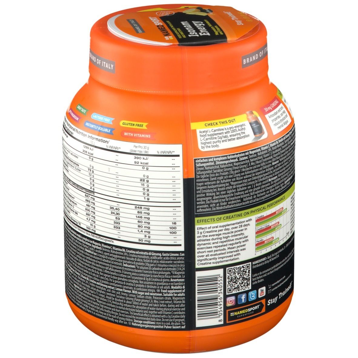 Retro del barattolo arancione NAMEDSPORT® Isonam Energy Lemon. Testo con informazioni e codice QR.