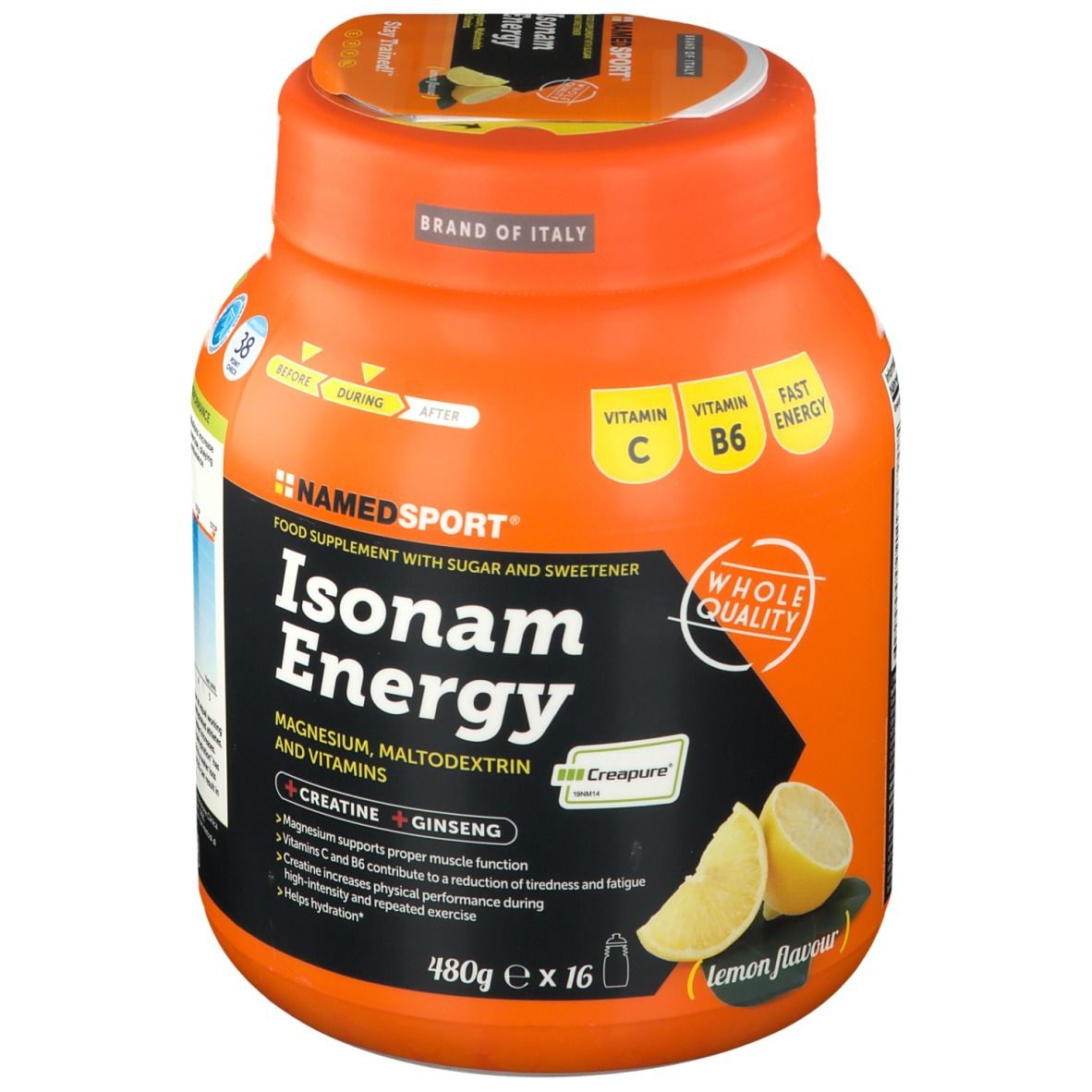 Barattolo arancione NAMEDSPORT® Isonam Energy Lemon. Integratore alimentare con zucchero e dolcificante. 480g x 16.
