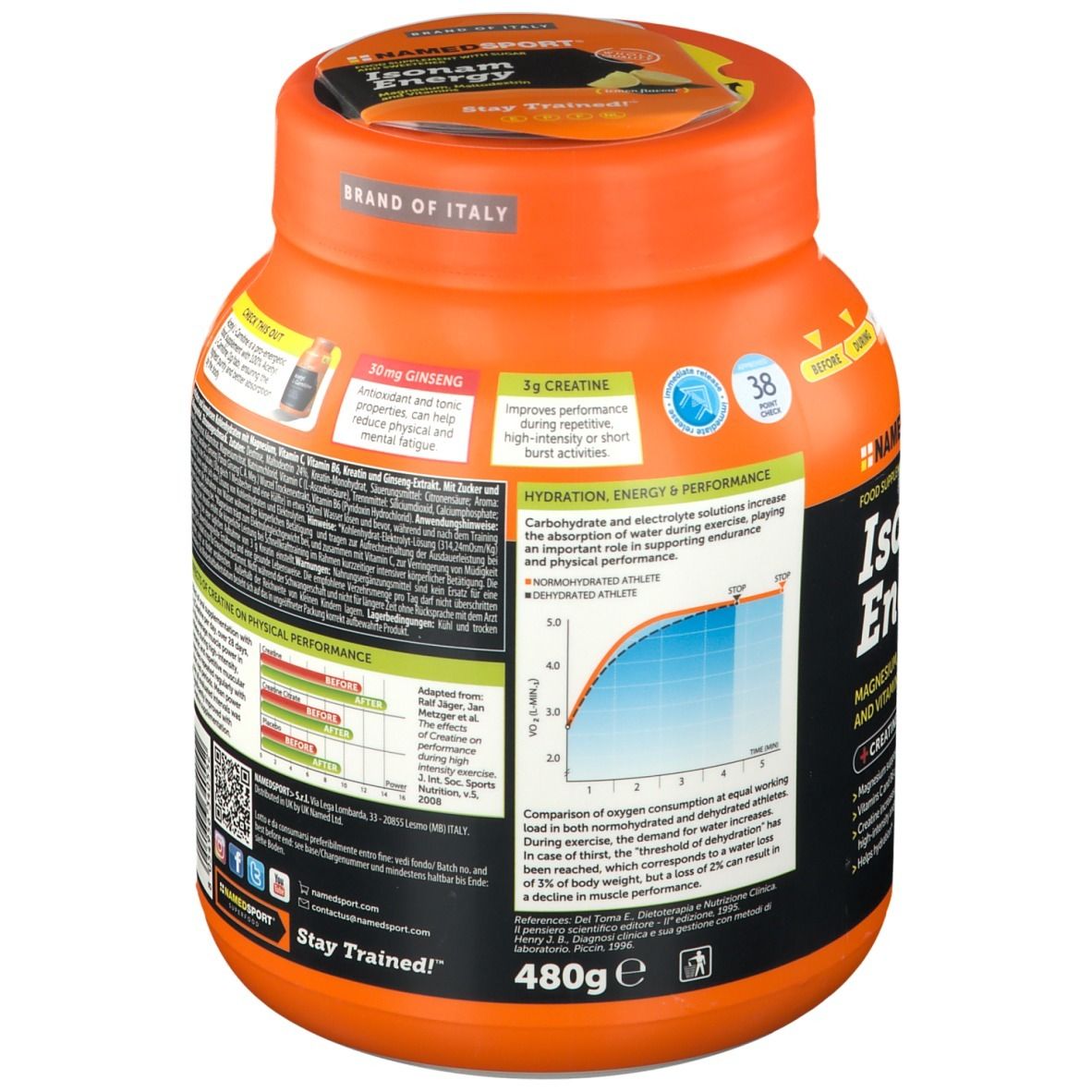 Retro del barattolo arancione NAMEDSPORT® Isonam Energy Lemon. Grafico idratazione e performance.