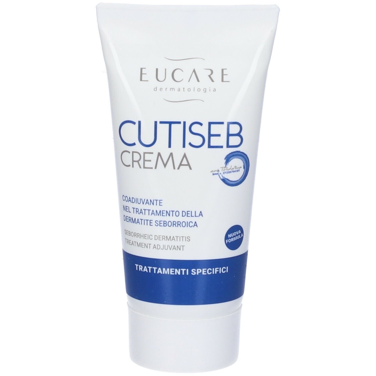 Tubo di Cutiseb Crema Viso. Tubo bianco con testo blu e grigio. Contiene testo in italiano.