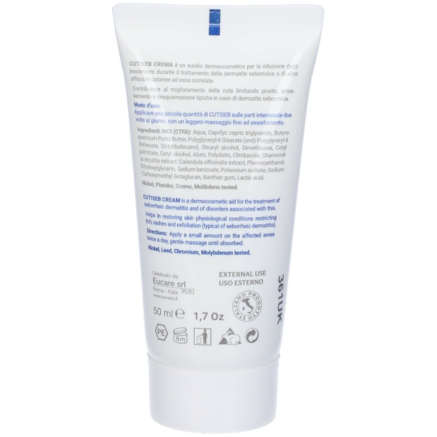 Retro del tubo Cutiseb Crema Viso. Contiene testo in italiano e inglese. Con ingredienti.