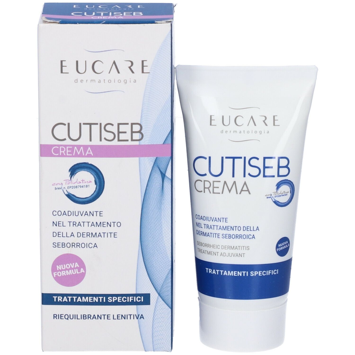 Tubo e scatola Cutiseb Crema Viso. Tubo e scatola bianchi con testo blu e rosa. Testo in italiano.