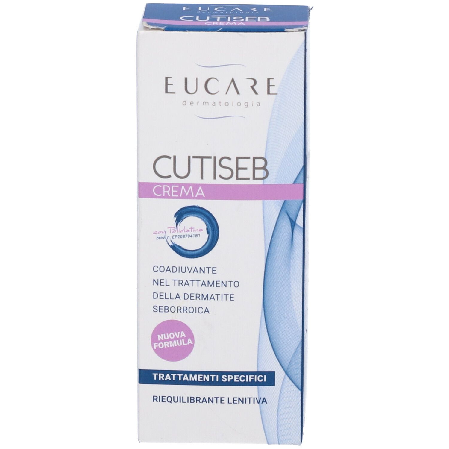 Scatola Cutiseb Crema Viso. Scatola blu con testo bianco e rosa. Contiene testo in italiano.