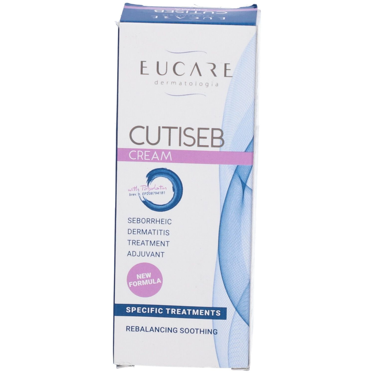 Fronte della scatola Cutiseb Crema Viso. Scatola blu con testo bianco e rosa. Testo in italiano.