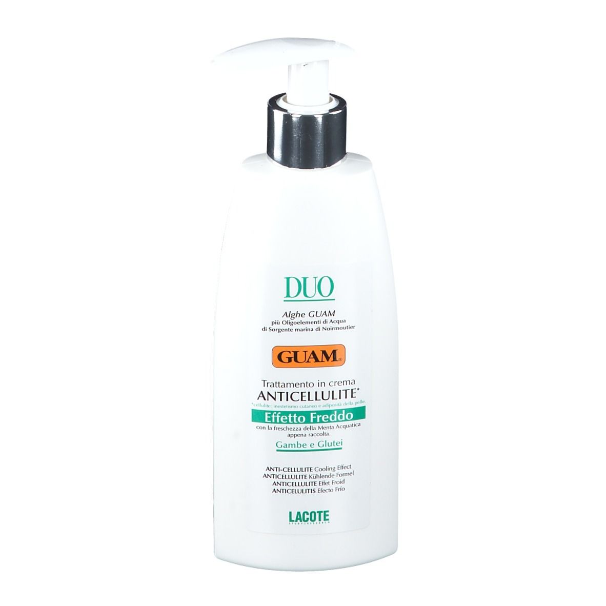 GUAM Duo crema, flacone con pompa. Bianco, verde e arancione. Testo: Duo, Anti-Cellulite, Effetto Freddo.
