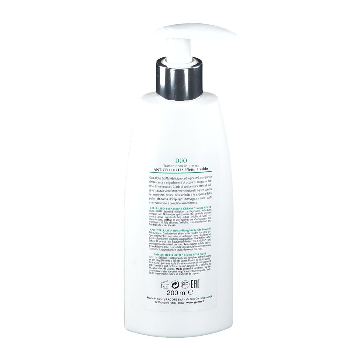 GUAM Duo crema, retro del flacone. Bianco, verde. Testo: Duo, Anti-Cellulite. Ingredienti e utilizzo.
