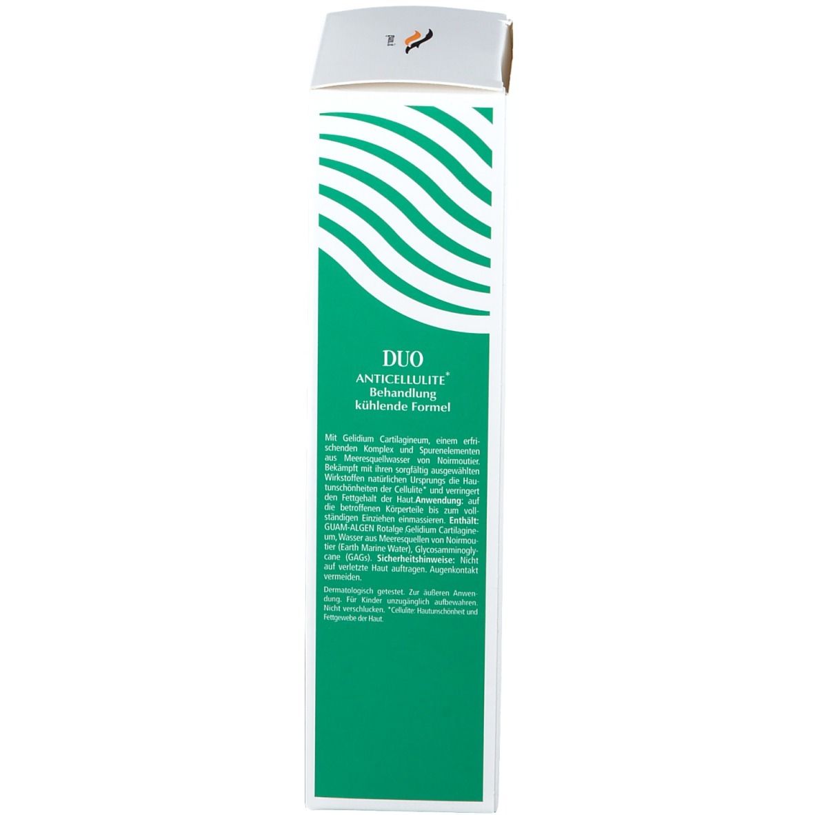 GUAM Duo crema, confezione, dettaglio. Bianco, verde. Testo: Duo, Anti-Cellulite, ingredienti e utilizzo.