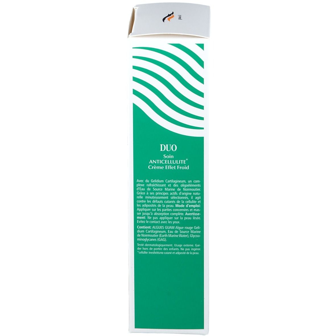GUAM Duo crema, confezione, dettaglio. Bianco, verde. Testo: Duo, Anti-Cellulite, ingredienti e utilizzo.