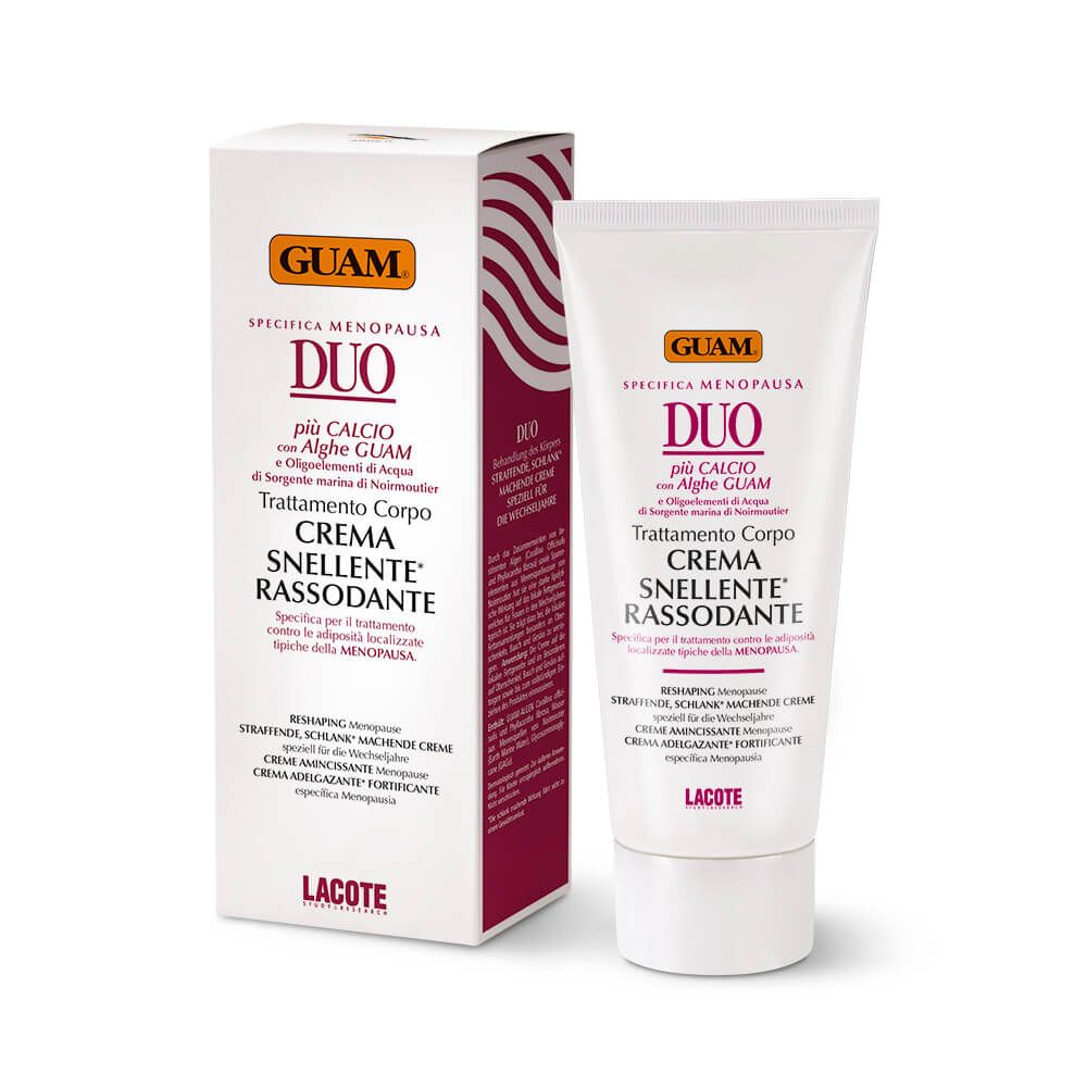 GUAM® Duo Crema, tubo e confezione. Bianco, testo rosso e arancione. Testo: Crema Snellente Rassodante.