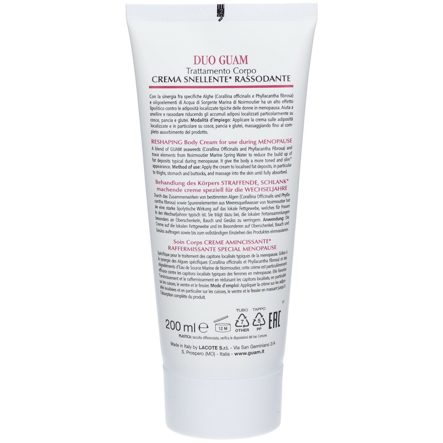 GUAM® Duo Crema, retro del tubo. Bianco, testo multilingue. Testo: 200 ml, ingredienti, produttore.