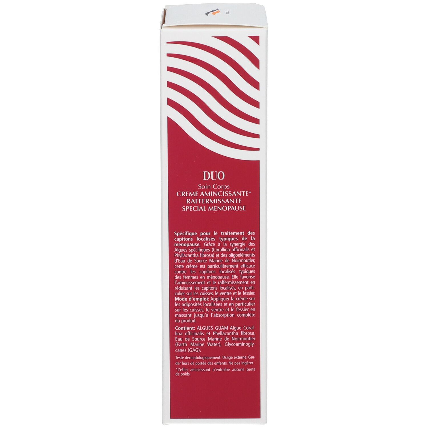 GUAM® Duo Crema, confezione, lato. Rosso, testo bianco. Testo: Duo, Crema Rassodante Snellente.