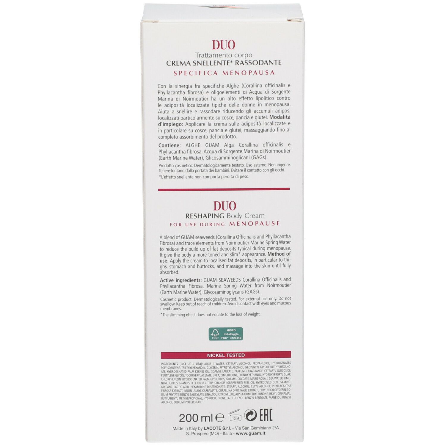 GUAM® Duo Crema, confezione, retro. Rosso, testo bianco. Testo: Duo, Crema Rassodante Snellente, 200 ml.