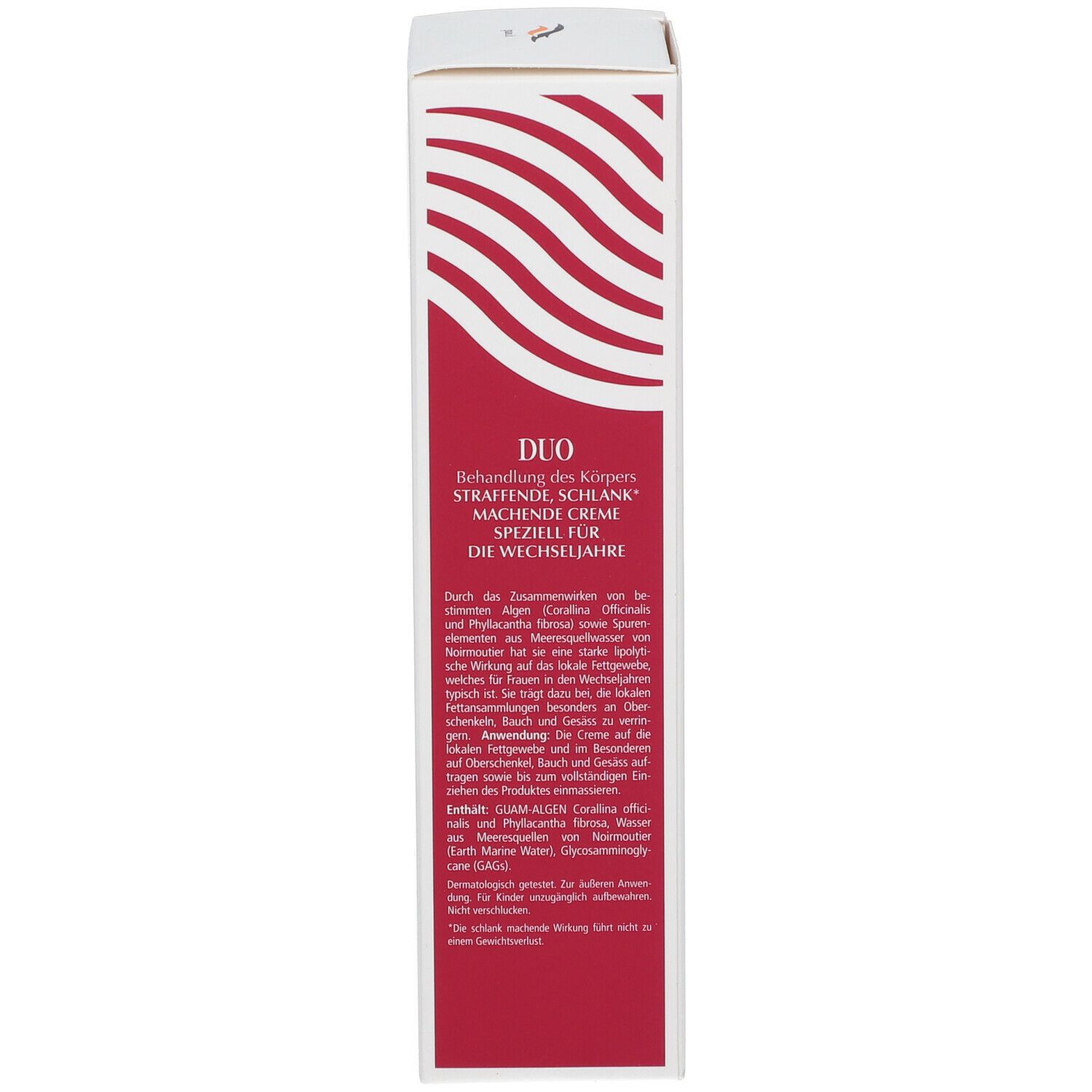 GUAM® Duo Crema, confezione, lato. Rosso, testo bianco. Testo: Duo, Crema Rassodante Snellente.