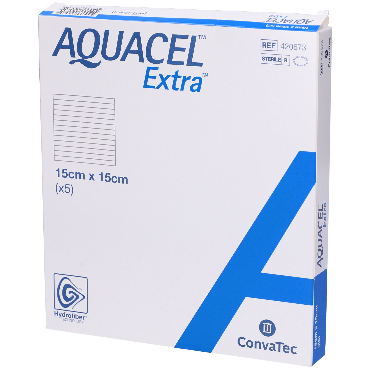 Confezione Aquacel Extra, 15x15 cm. Nome prodotto, dimensioni, logo Hydrofiber, logo ConvaTec. Scatola bianca con accento blu.