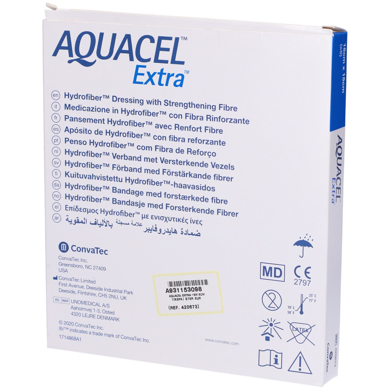 Confezione Aquacel Extra, 15x15 cm. Nome prodotto, dimensioni, logo Hydrofiber, logo ConvaTec. Scatola bianca con accento blu.