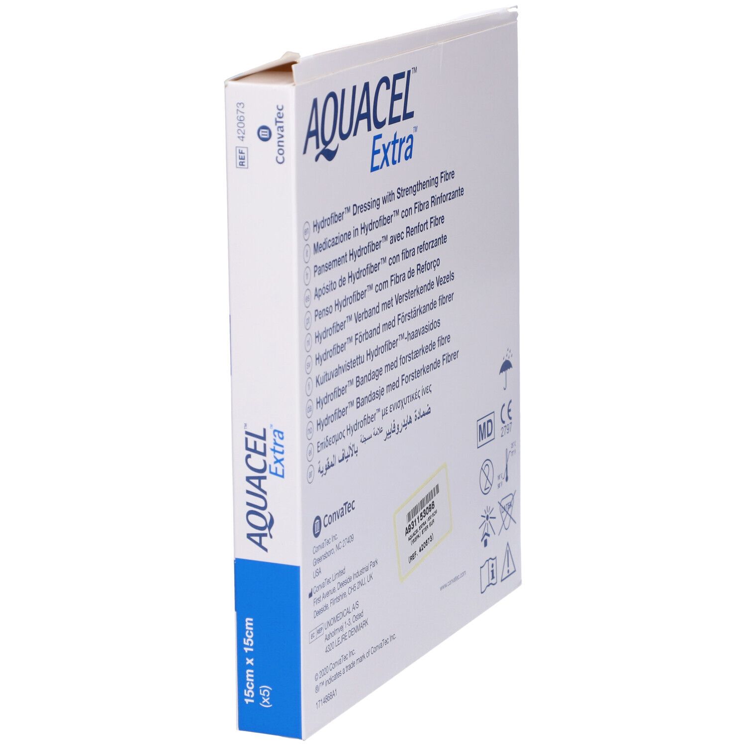 Retro della confezione Aquacel Extra. Descrizioni multilingue del prodotto. Loghi: ConvaTec, MD, CE. Informazioni produttore.