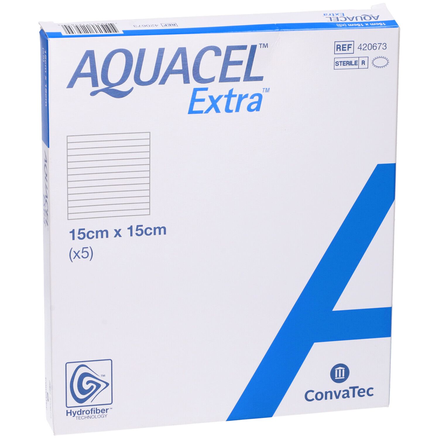 Confezione Aquacel Extra, 15x15 cm. Nome prodotto, dimensioni, logo Hydrofiber, logo ConvaTec. Scatola bianca con accento blu.