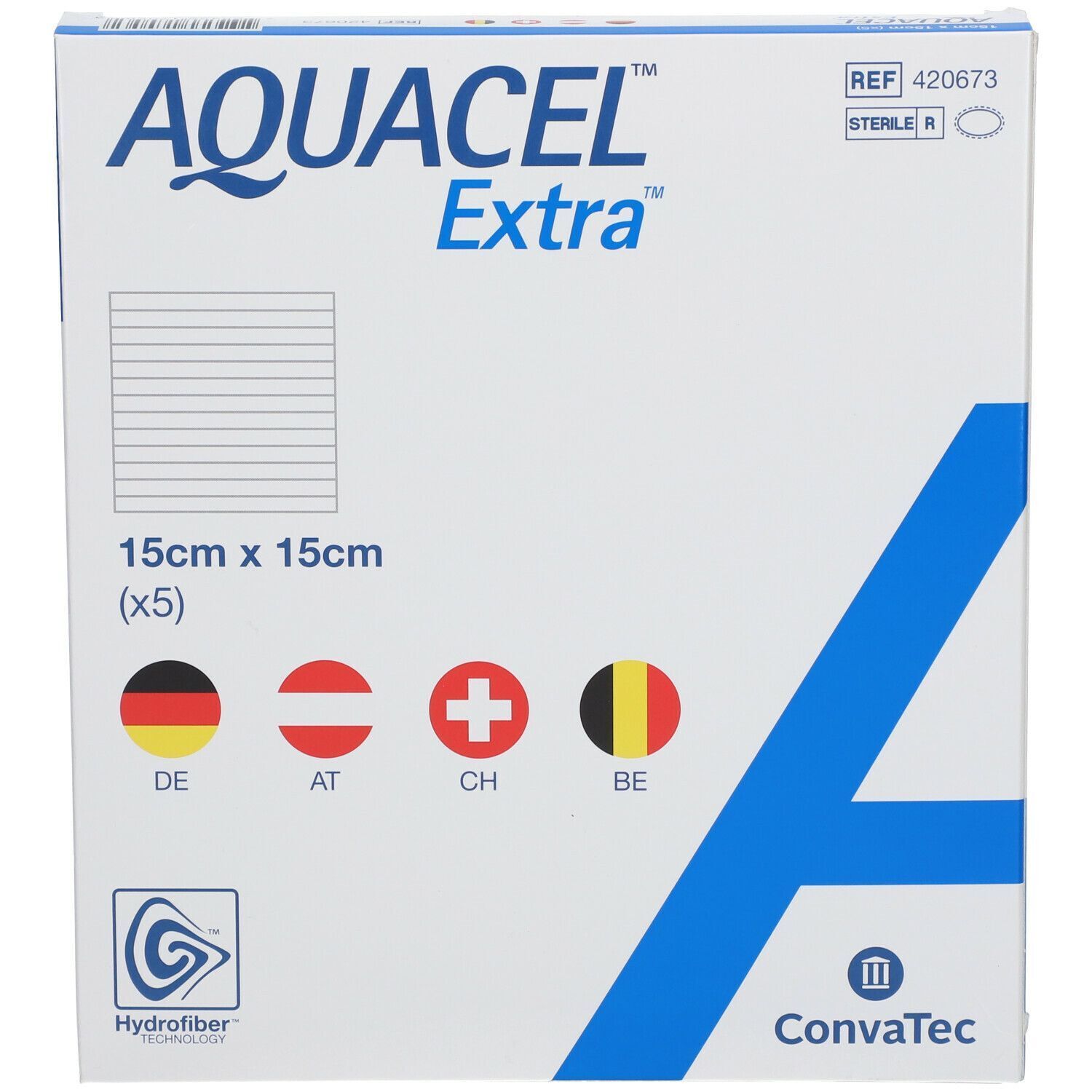 Confezione Aquacel Extra, 15x15 cm. Stampato: nome prodotto, dimensioni, bandiere (DE, AT, CH, BE). Tecnologia Hydrofiber.