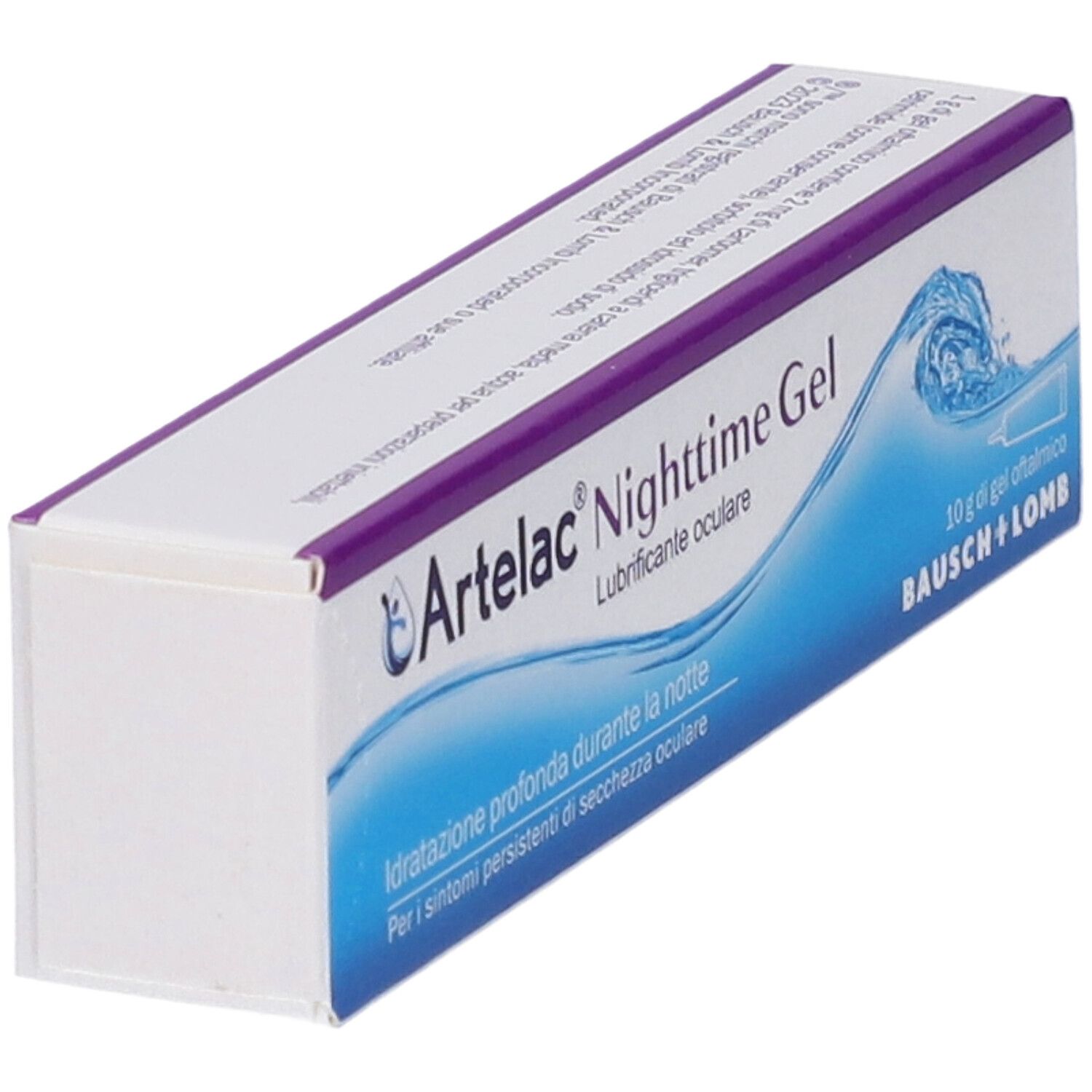 Artelac Nighttime Gel-Verpackung. Weiße und violette Schachtel mit Produktnamen und Logo. Text: Idratatione profonda durante la notte.